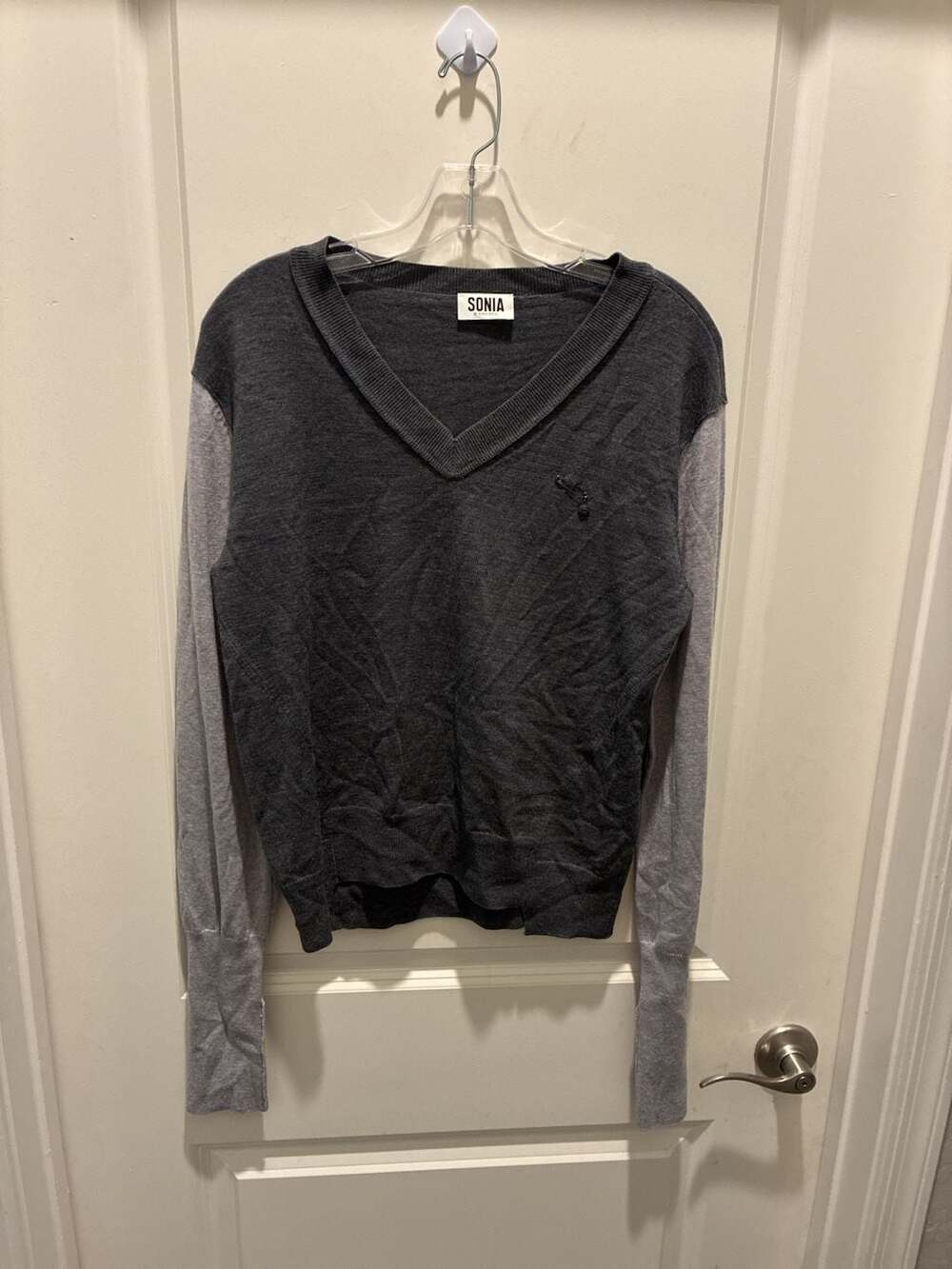 Sonia by Sonia Rykiel V-Neck Wool Sweater With Safety Pin Detail Size S